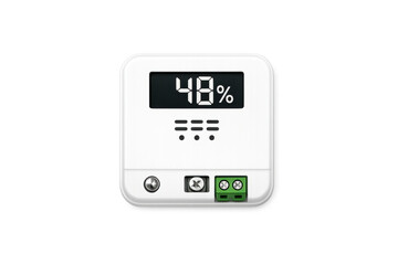Modern digital humidity sensor displaying 48% with sleek white casing and terminal connections