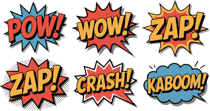 Energetic collection of retro comic book sound effects like Zap and Kaboom in various speech forms