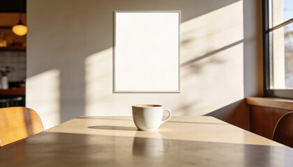 Coffee cup table sunlight shadow wall frame poster window morning coffee cup wooden table with sunlight and soft shadow near window and blank frame wall creating calm cozy minimal interior scene