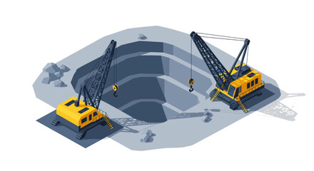 Industrial mining excavation site with cranes and machinery. © magnetglobal