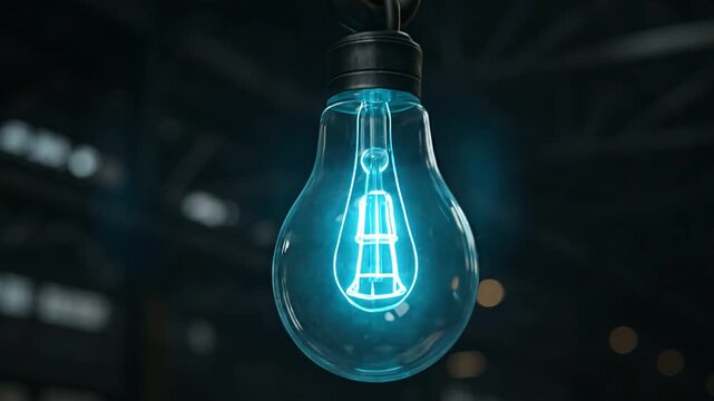 Glowing vintage light bulb filament electric illumination energy glowing transparent glass bright blue hanging dark industrial space metal beams blurred background moody atmosphere futuristic vibe
