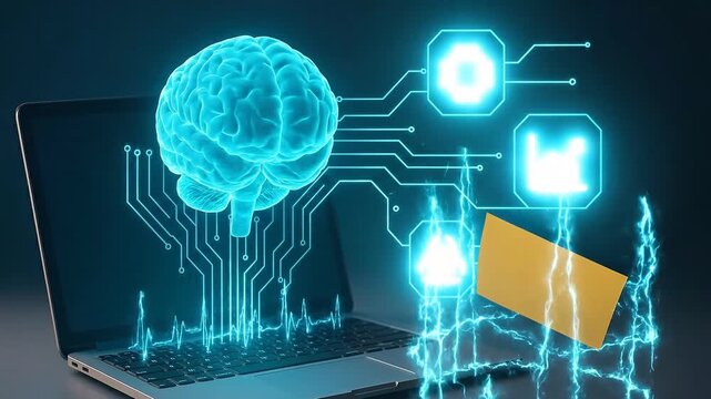 Artificial intelligence brain hologram glowing over laptop keyboard with digital data visualization circuit chip algorithmic modeling technology innovation and futuristic analysis