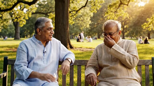 Two senior South Asian men talking on park bench at sunset