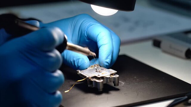 Close-up of a technicians hands in blue gloves soldering a small electronic component under a magnifying lamp, highlighting precision work in electronics assembly.