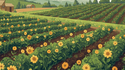 Sunflower farm landscape with blooming flowers and rustic barns © alp