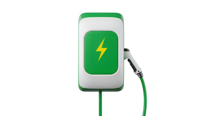 Electric vehicle charging station with green lightning bolt symbol isolated on a transparent background