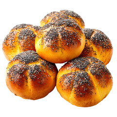 Pile of fresh baked golden brown bread rolls with poppy seeds on top