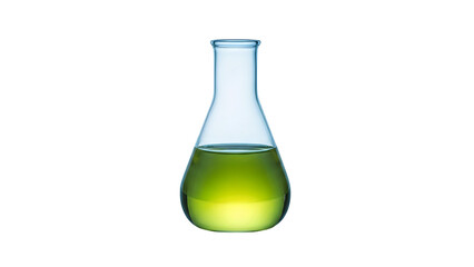 Glass flask with bright green liquid and light blue tint isolated on a transparent background
