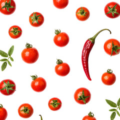 Fresh red cherry tomatoes and a single red chili pepper scattered on white background