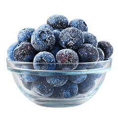 A clear glass bowl filled with frozen blueberries on a white background