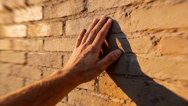 First-person perspective; the character is dizzy, reaching one hand towards the wall to maintain balance.