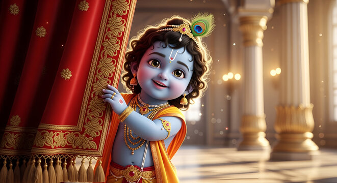 Krishna baby portrait smiling child deity with peacock feather and traditional jewelry in temple palace interior devotional art concept
