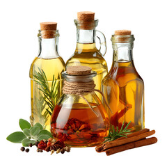 Assortment of culinary oils and spices in glass bottles on white background