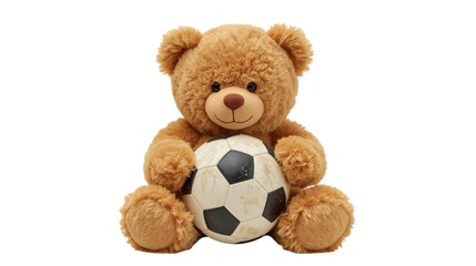 Obraz premium Brown teddy bear sitting with a soccer ball plush toy and sports equipment on white background cute animal and ball
