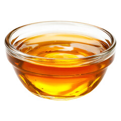 Clear glass bowl filled with golden amber liquid on a white background