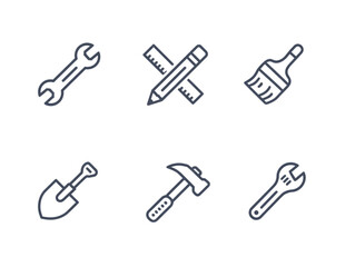Fototapeta premium Set of six minimalist line art icons, featuring wrench, ruler, pencil, paintbrush, shovel, and hammer symbols