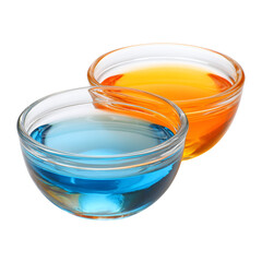 Two glass bowls filled with colorful liquid on a white background