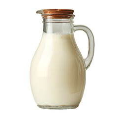 Glass pitcher filled with fresh white milk on a white background