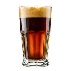 Tall glass of dark beer with foamy head on white background