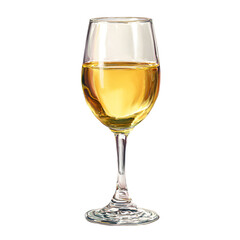 A clear glass of golden white wine on a white background