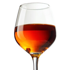 Close up of a glass of amber colored brandy or whiskey on white background