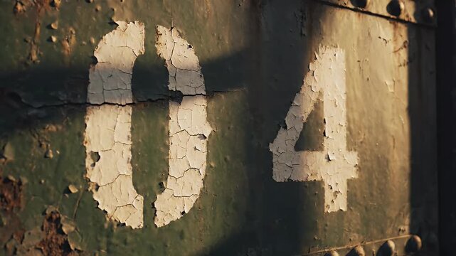 Close-up of aged metal wall. Numbers "04" are painted on cracked, peeling surface. Rivets are visible