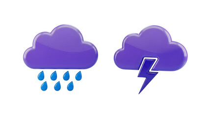 Purple clouds with rain and lightning bolt isolated on a transparent background storm weather