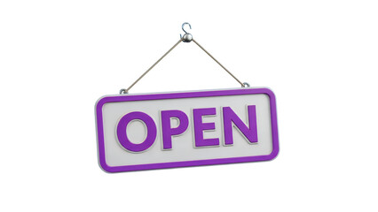 Rectangular Open Sign with Purple Border and Letters isolated on a transparent background white