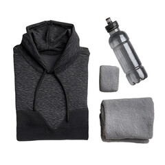Fitness essentials including a dark grey hoodie water bottle towel and wristband