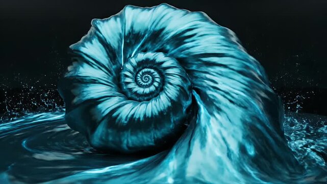 An abstract swirling form, resembling a seashell, emerges from water with a glowing effect