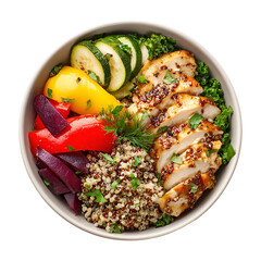Healthy chicken and grain bowl with fresh vegetables