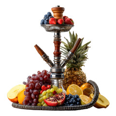 Exotic fruit arrangement with hookah pipe on white background