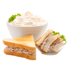 Delicious club sandwich and potato salad meal on white background