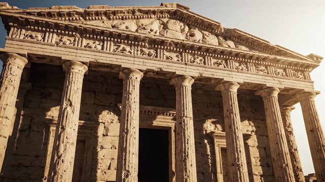 Ancient stone temple facade with columns, detailed carvings, and sunlit sky