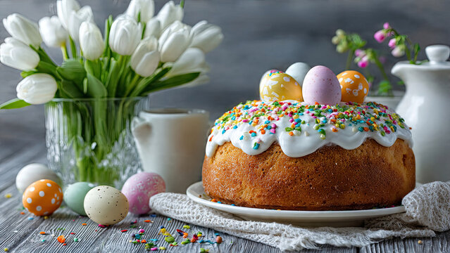 easter cake and easter eggs