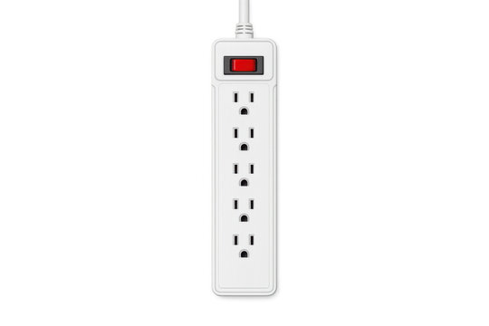 White power strip with six outlets and a red illuminated on/off switch