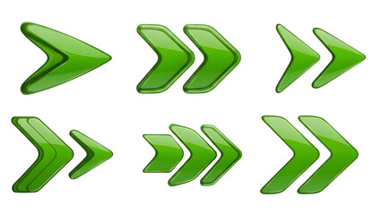 Collection of Glossy Green Directional Arrows isolated on a transparent background forward