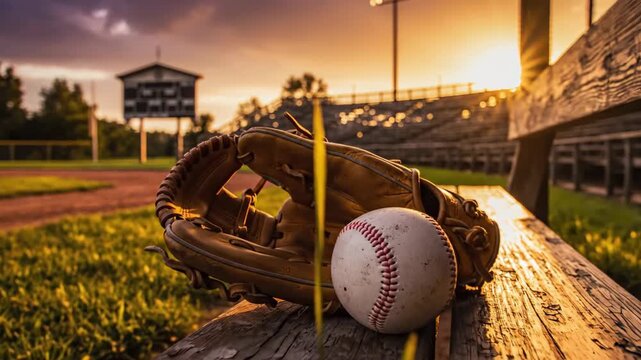 A baseball and glove sit on a weathered wooden bench overlooking a stadium under a sunset sky