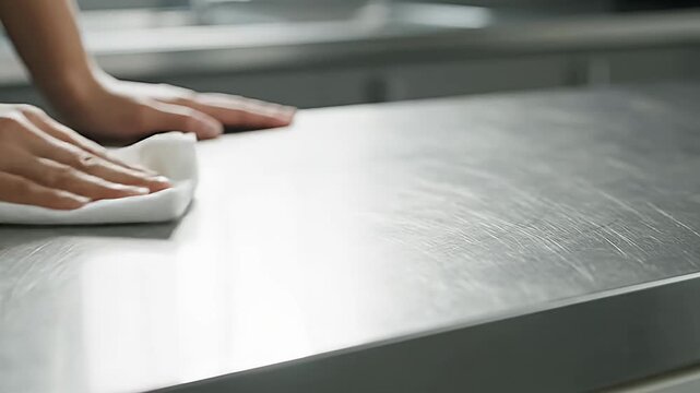 Hands wipe a stainless steel surface with a white cloth, emphasizing hygiene and cleanliness in a sterile environment