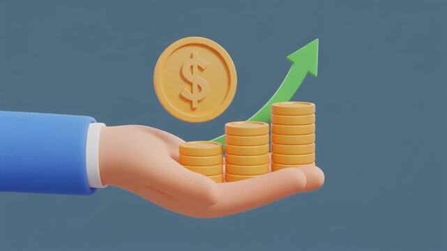 3D hand holding stack of gold coins with upward green arrow and floating dollar coin, symbolizing financial growth.