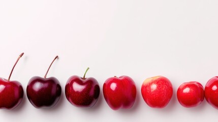Row of ripe cherries lined along a white surface, glossy skins, varying reds and soft shadows with highlights