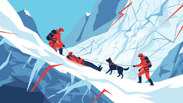 Mountain rescue team in red gear works with a trained dog to transport an injured hiker on a sled through a dangerous glacier.