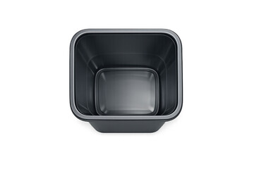 Modern square dark gray plastic trash can with metallic rim, isolated on black