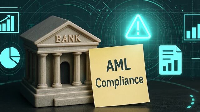 AML compliance bank risk management financial regulation alert document warning with financial data control and anti money laundering policy concept digital icons and sticky note background