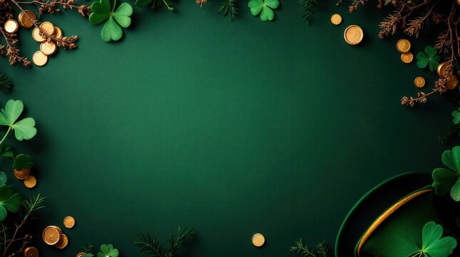St. Patrick's Day flat lay with shamrocks, gold coins, and leprechaun hat on a green background. Irish holiday celebration with copy space