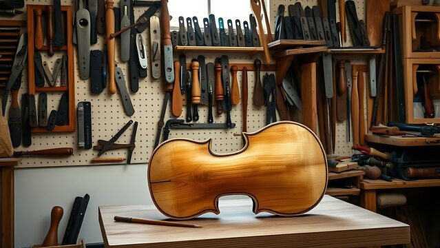 imbecility. A workshop wall with tools and an unfinished violin body on a wooden bench. safety posters, maintenance manuals, designed for precision metalworking and fabrication facilities.