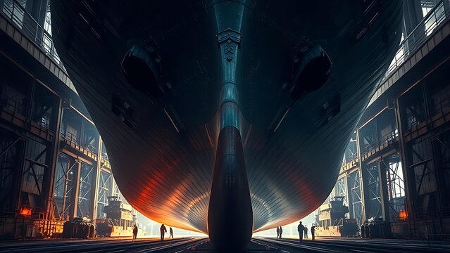 drydock. A massive cargo ship hull in drydock with workers as silhouettes. safety posters, maintenance manuals, designed for precision metalworking and fabrication facilities, used by engineers.