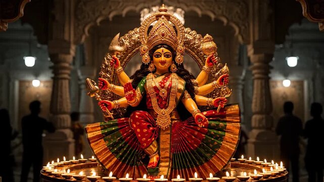 Golden Statue of Goddess Durga Illuminated by Diyas in a Temple