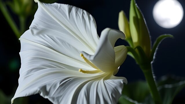 datura. A close-up of a large white datura flower blooming at night under moonlight. gardening catalogs, home-decor guides, designed for gardening and botanical catalogs.