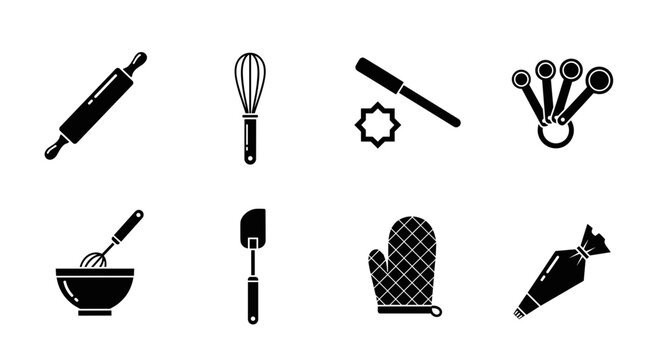 Kitchen icon set with rolling pin whisk knife oven mitt mixer bowl vector
